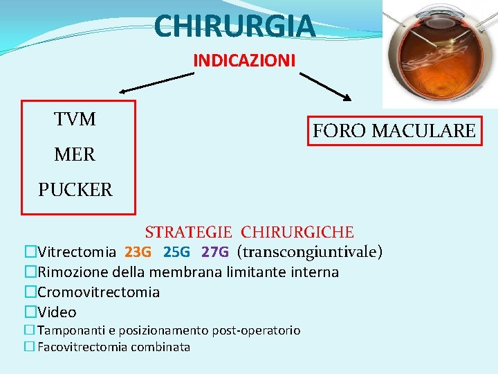CHIRURGIA INDICAZIONI TVM MER FORO MACULARE PUCKER STRATEGIE CHIRURGICHE �Vitrectomia 23 G 25 G