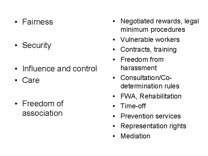 • Fairness • Security • Influence and control • Care • Freedom of • Fairness • Security • Influence and control • Care • Freedom of