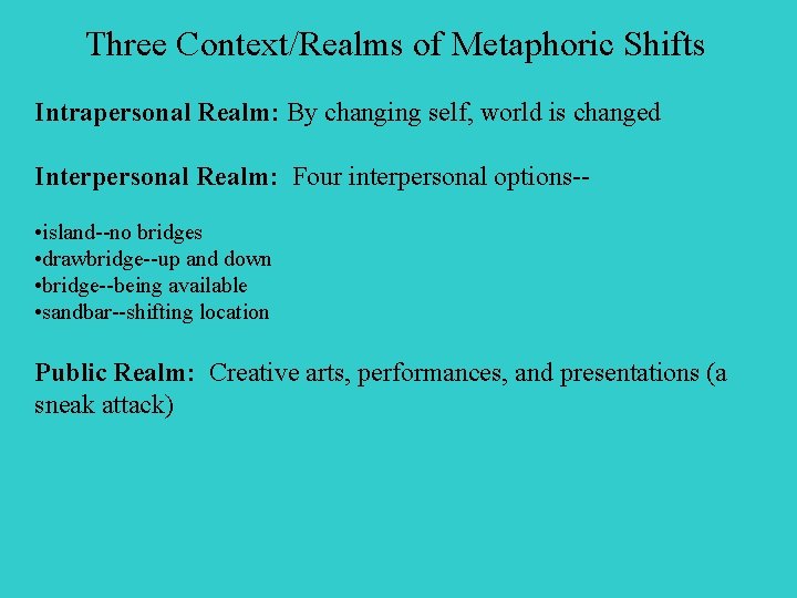 Three Context/Realms of Metaphoric Shifts Intrapersonal Realm: By changing self, world is changed Interpersonal