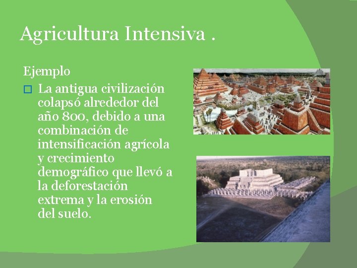 Agricultura Intensiva. Ejemplo � La antigua civilización colapsó alrededor del año 800, debido a