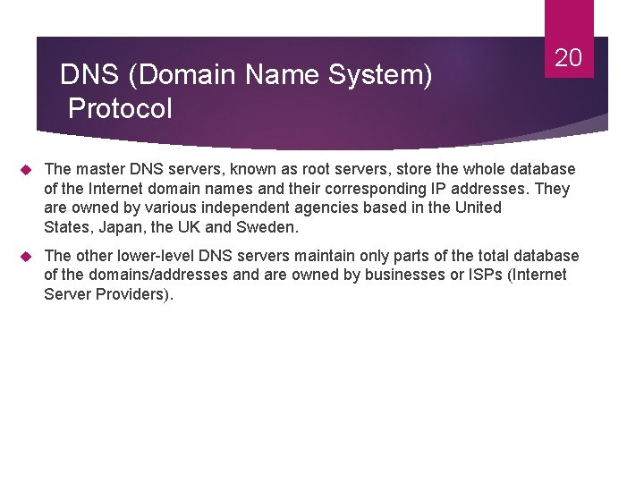 DNS (Domain Name System) Protocol 20 The master DNS servers, known as root servers,