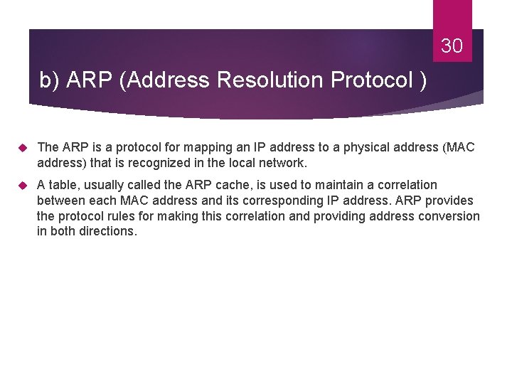 30 b) ARP (Address Resolution Protocol ) The ARP is a protocol for mapping