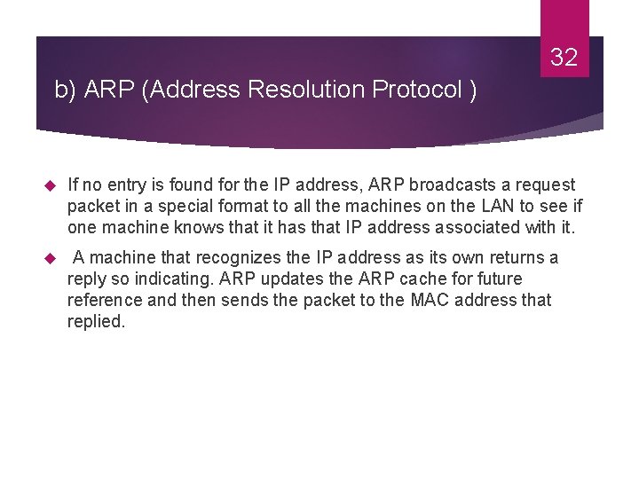 32 b) ARP (Address Resolution Protocol ) If no entry is found for the