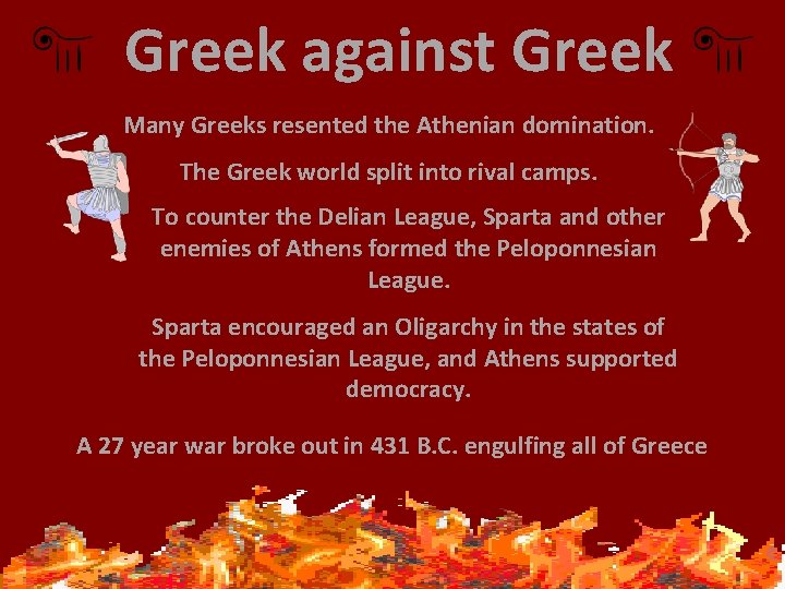 Greek against Greek Many Greeks resented the Athenian domination. The Greek world split into