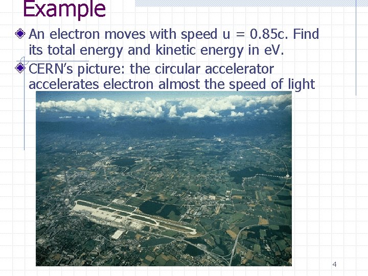 Example An electron moves with speed u = 0. 85 c. Find its total