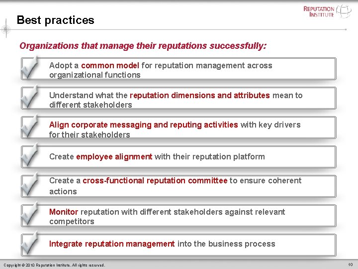 Best practices Organizations that manage their reputations successfully: Adopt a common model for reputation