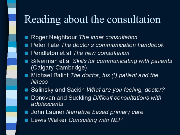 Reading about the consultation n n n n Roger Neighbour The inner consultation Peter