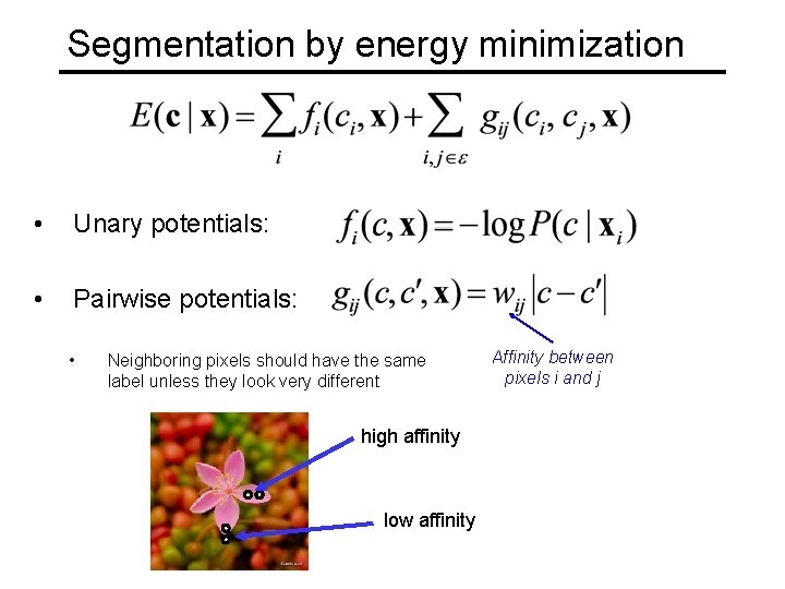 Segmentation by energy minimization • Unary potentials: • Pairwise potentials: • Neighboring pixels should Segmentation by energy minimization • Unary potentials: • Pairwise potentials: • Neighboring pixels should