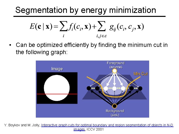 Segmentation by energy minimization • Can be optimized efficiently by finding the minimum cut Segmentation by energy minimization • Can be optimized efficiently by finding the minimum cut