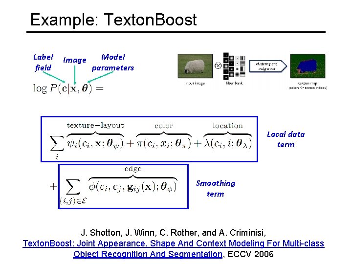 Example: Texton. Boost Label field Image Model parameters Local data term Smoothing term J. Example: Texton. Boost Label field Image Model parameters Local data term Smoothing term J.