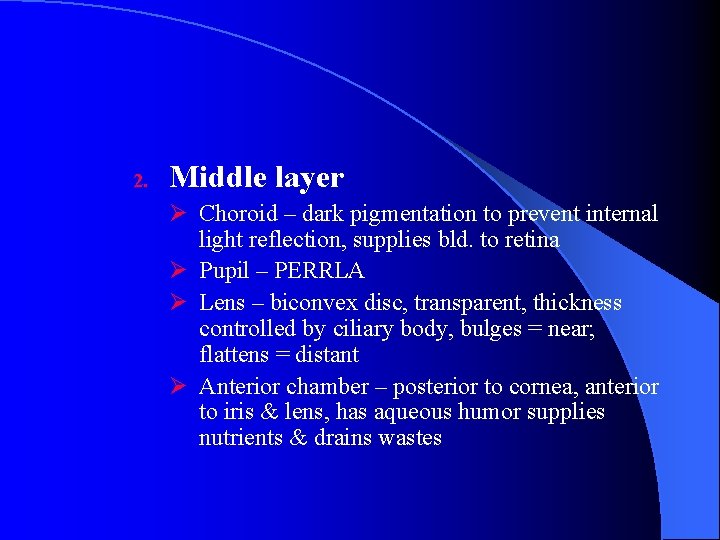 2. Middle layer Ø Choroid – dark pigmentation to prevent internal light reflection, supplies