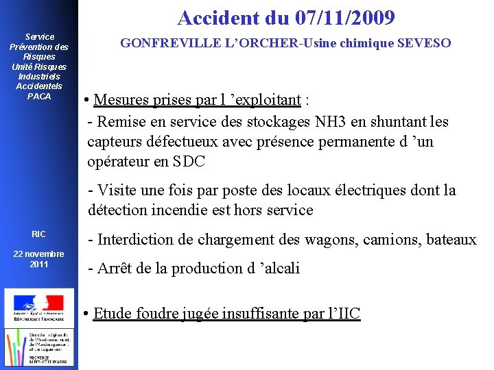 Accident du 07/11/2009 Service Prévention des Risques Unité Risques Industriels Accidentels PACA GONFREVILLE L’ORCHER-Usine