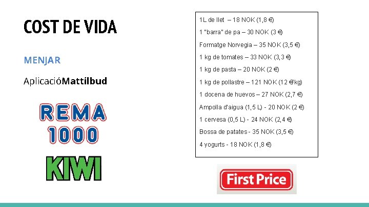 COST DE VIDA 1 L de llet – 18 NOK (1, 8 €) 1
