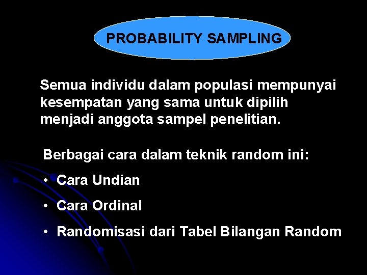 PROBABILITY SAMPLING Semua individu dalam populasi mempunyai kesempatan yang sama untuk dipilih menjadi anggota