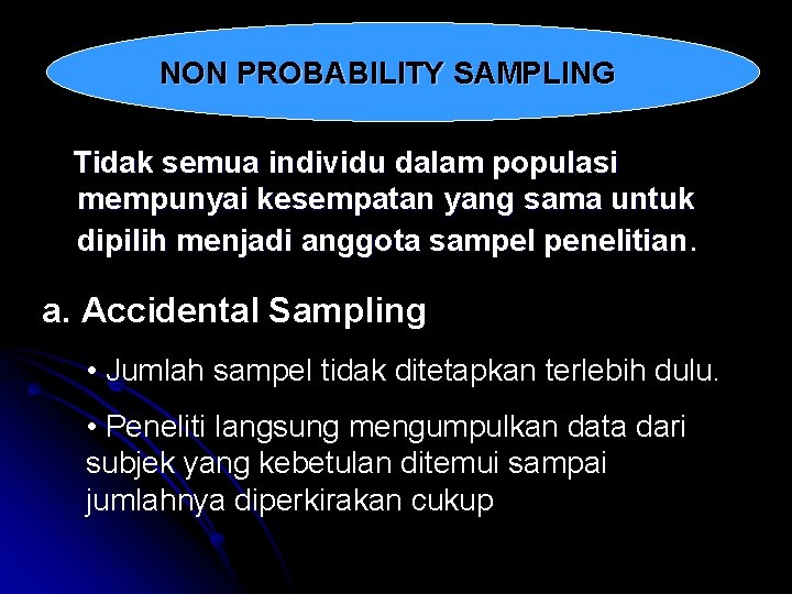 NON PROBABILITY SAMPLING Tidak semua individu dalam populasi mempunyai kesempatan yang sama untuk dipilih