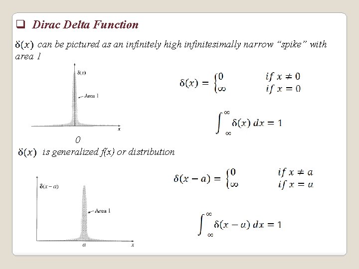 q Dirac Delta Function can be pictured as an infinitely high infinitesimally narrow “spike”
