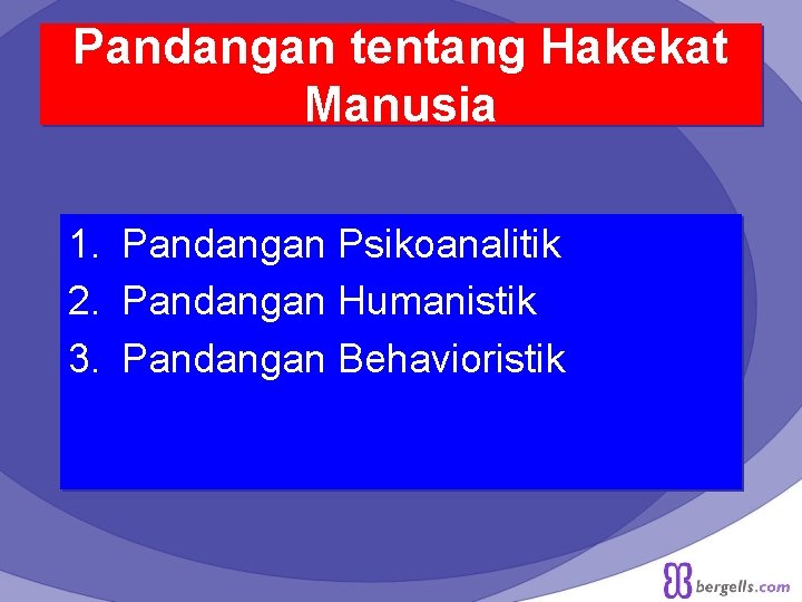 Pandangan tentang Hakekat Manusia 1. Pandangan Psikoanalitik 2. Pandangan Humanistik 3. Pandangan Behavioristik 