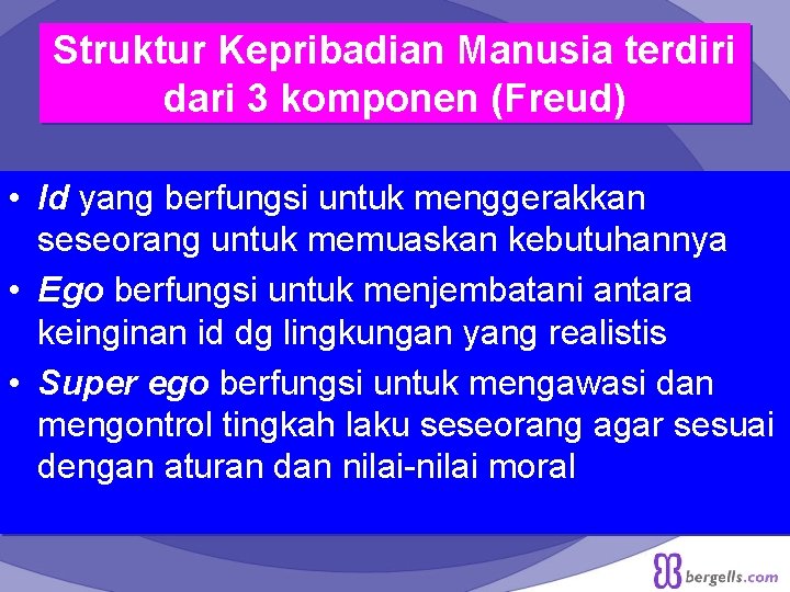 Struktur Kepribadian Manusia terdiri dari 3 komponen (Freud) • Id yang berfungsi untuk menggerakkan