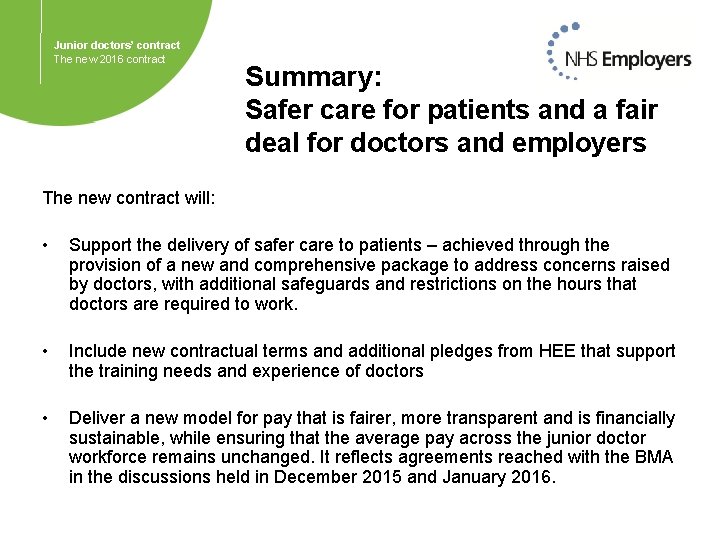 Junior doctors’ contract The new 2016 contract Summary: Safer care for patients and a