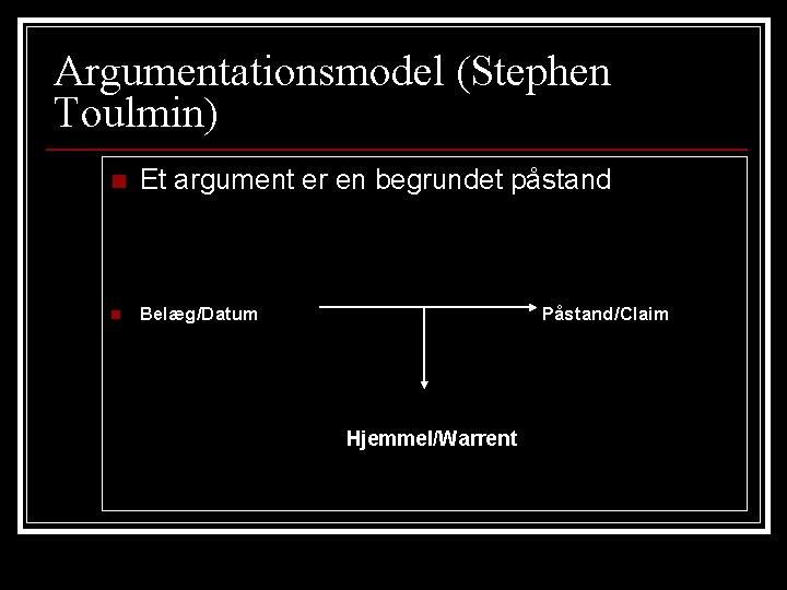 Argumentationsmodel (Stephen Toulmin) n Et argument er en begrundet påstand n Belæg/Datum Påstand/Claim Hjemmel/Warrent Argumentationsmodel (Stephen Toulmin) n Et argument er en begrundet påstand n Belæg/Datum Påstand/Claim Hjemmel/Warrent