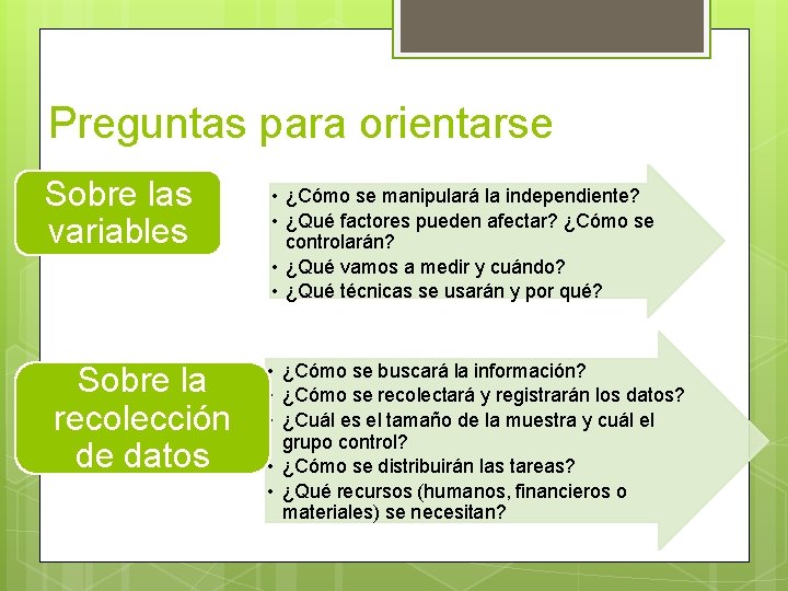 Preguntas para orientarse Sobre las variables Sobre la recolección de datos • ¿Cómo se