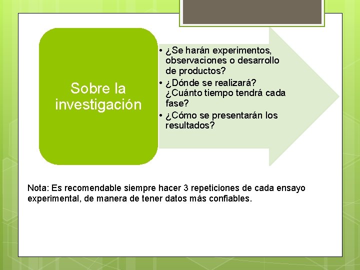 Sobre la investigación • ¿Se harán experimentos, observaciones o desarrollo de productos? • ¿Dónde