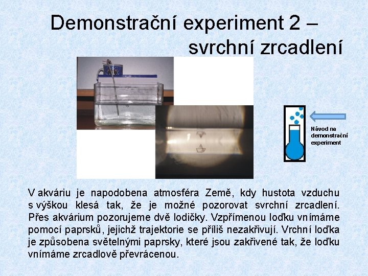 Demonstrační experiment 2 – svrchní zrcadlení Návod na demonstrační experiment V akváriu je napodobena