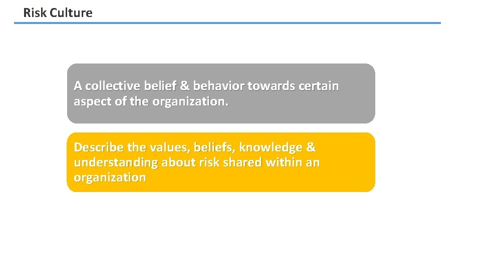 Risk Culture A collective belief & behavior towards certain aspect of the organization. Describe