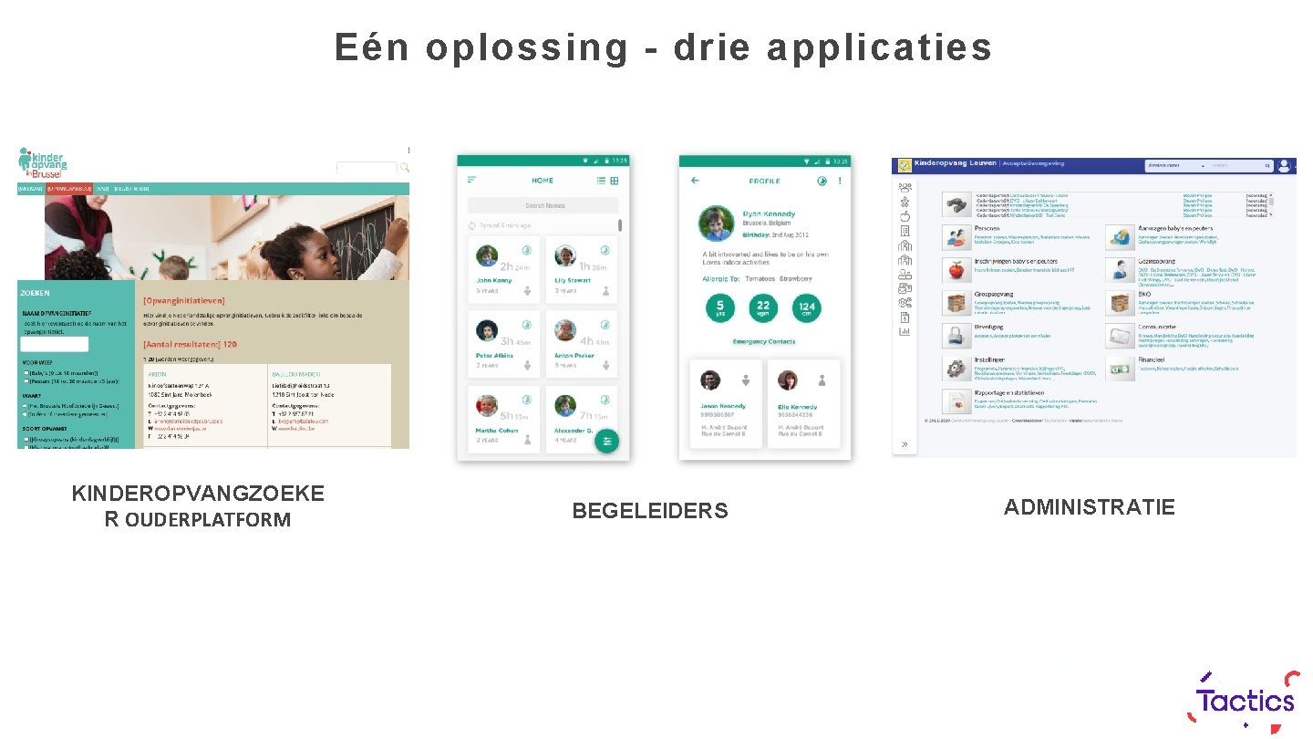 Eén oplossing - drie applicaties KINDEROPVANGZOEKE R OUDERPLATFORM BEGELEIDERS ADMINISTRATIE Adipiscing 