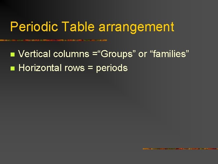 Periodic Table arrangement n n Vertical columns =“Groups” or “families” Horizontal rows = periods