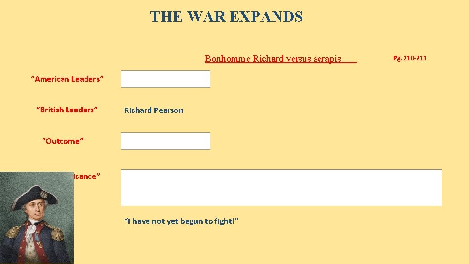 THE WAR EXPANDS Bonhomme Richard versus serapis “American Leaders” “British Leaders” Richard Pearson “Outcome”