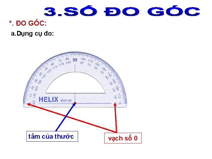 *. ĐO GÓC: a. Dụng cụ đo: tâm của thước vạch số 0 