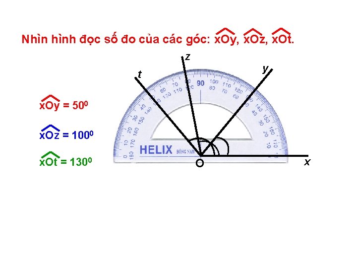 Nhìn hình đọc số đo của các góc: x. Oy, x. Oz, x. Ot.