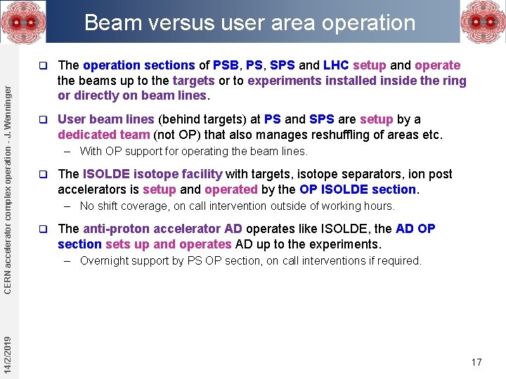 14/2/2019 CERN accelerator complex operation - J. Wenninger Beam versus user area operation q 14/2/2019 CERN accelerator complex operation - J. Wenninger Beam versus user area operation q