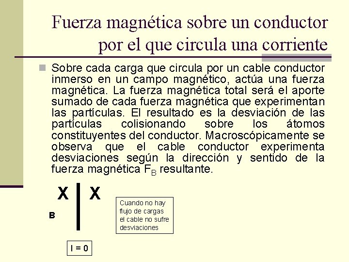 Fuerza magnética sobre un conductor por el que circula una corriente n Sobre cada
