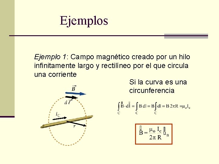 Ejemplos Ejemplo 1: Campo magnético creado por un hilo infinitamente largo y rectilíneo por