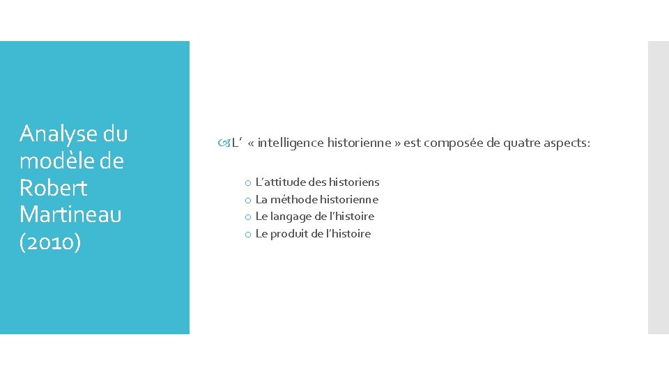 Analyse du modèle de Robert Martineau (2010) L’ « intelligence historienne » est composée