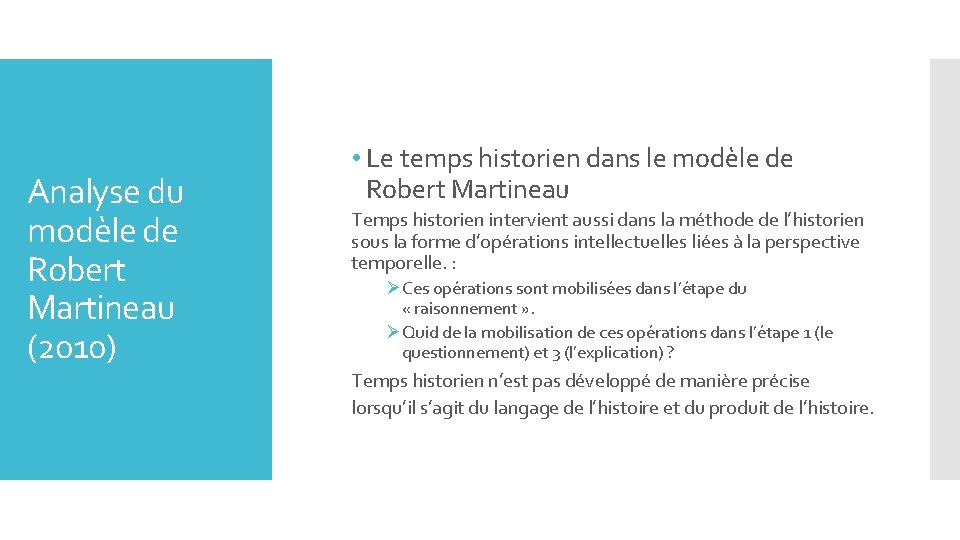 Analyse du modèle de Robert Martineau (2010) • Le temps historien dans le modèle