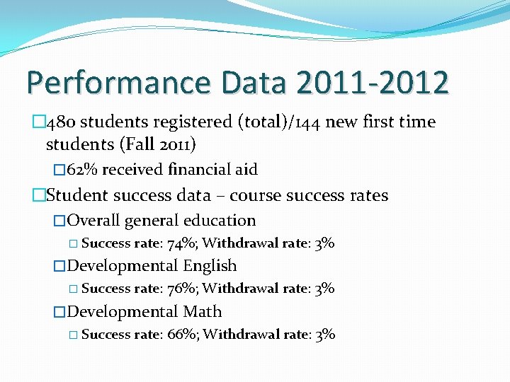 Performance Data 2011 -2012 � 480 students registered (total)/144 new first time students (Fall