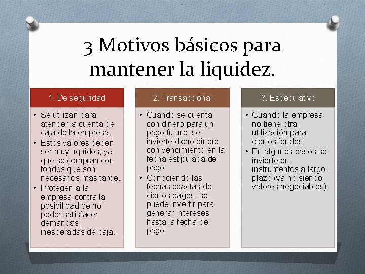 3 Motivos básicos para mantener la liquidez. 1. De seguridad 2. Transaccional 3. Especulativo