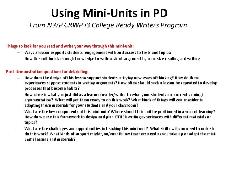 Using Mini-Units in PD From NWP CRWP i 3 College Ready Writers Program Things