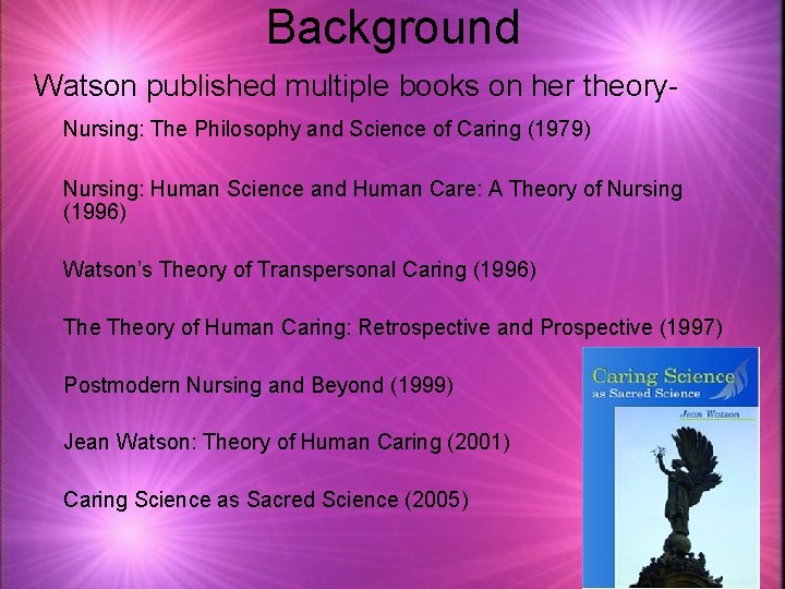 Background Watson published multiple books on her theory. Nursing: The Philosophy and Science of