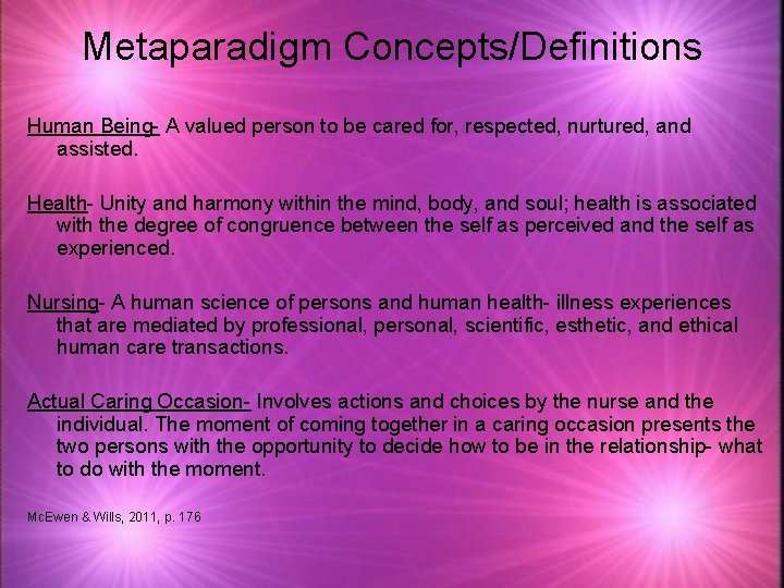 Metaparadigm Concepts/Definitions Human Being- A valued person to be cared for, respected, nurtured, and