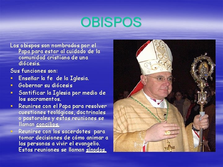 OBISPOS Los obispos son nombrados por el Papa para estar al cuidado de la