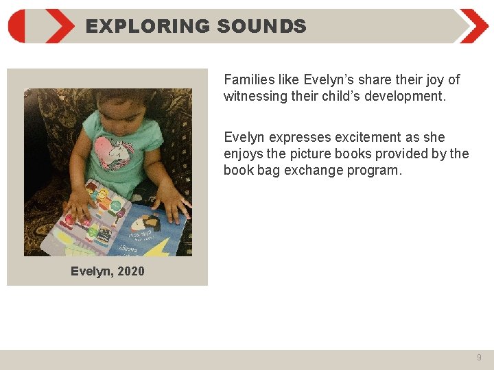 EXPLORING SOUNDS Families like Evelyn’s share their joy of witnessing their child’s development. Evelyn