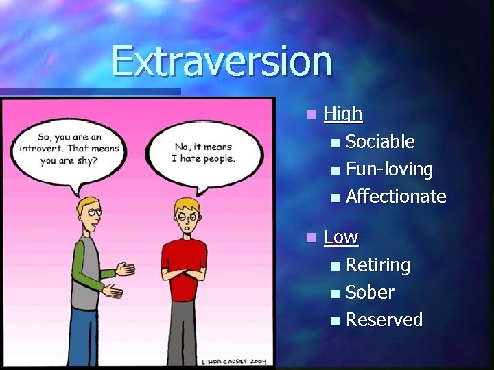 Extraversion n High n Sociable n Fun-loving n Affectionate n Low n Retiring n