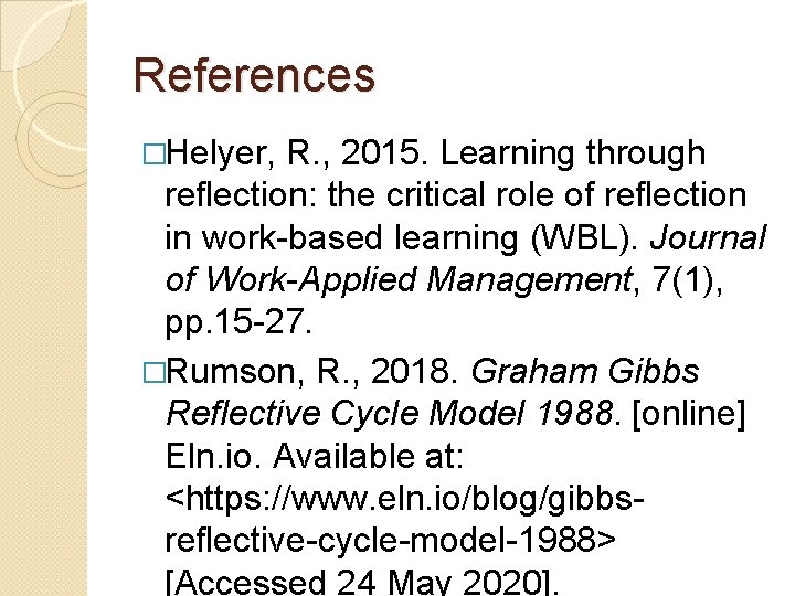 References �Helyer, R. , 2015. Learning through reflection: the critical role of reflection in