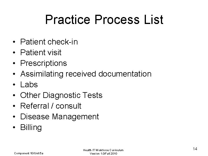 Practice Process List • • • Patient check-in Patient visit Prescriptions Assimilating received documentation