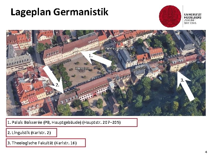 Lageplan Germanistik 1. 2. 3. 1. Palais Boisserée (PB, Hauptgebäude) (Hauptstr. 207– 209) 2.