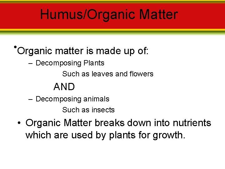 Humus/Organic Matter • Organicmatterisismadeup upof: – Decomposing Plants – Decomposing. Such Plants as leaves